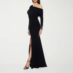Premier Amour Womens Asymmetrical Neck Long Sleeve Off the Shoulder Embellished Evening Gown