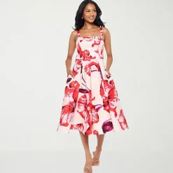 Premier Amour Womens Midi Straight Neck Sleeveless Floral Fit + Flare Dress