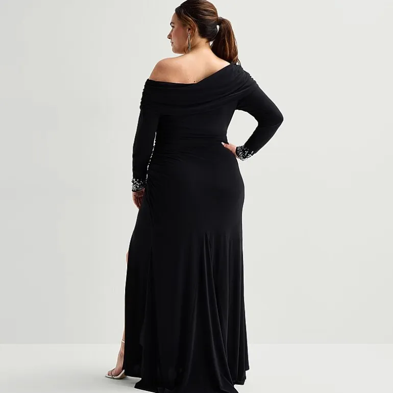 Premier Amour Womens Plus Asymmetrical Neck Long Sleeve Fitted Evening Gown