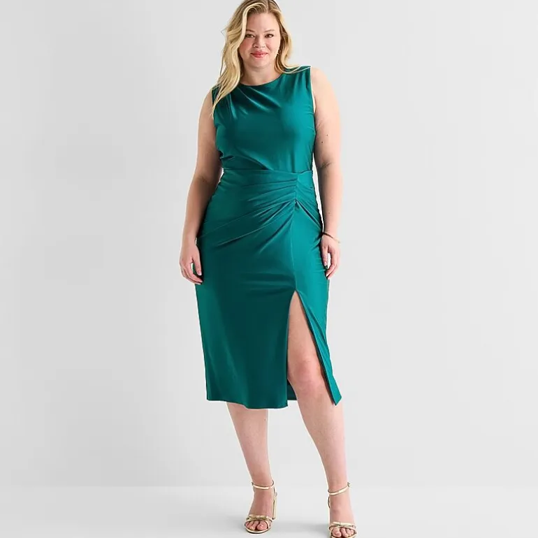 Premier Amour Womens Plus Midi Round Neck Sleeveless Sheath Dress