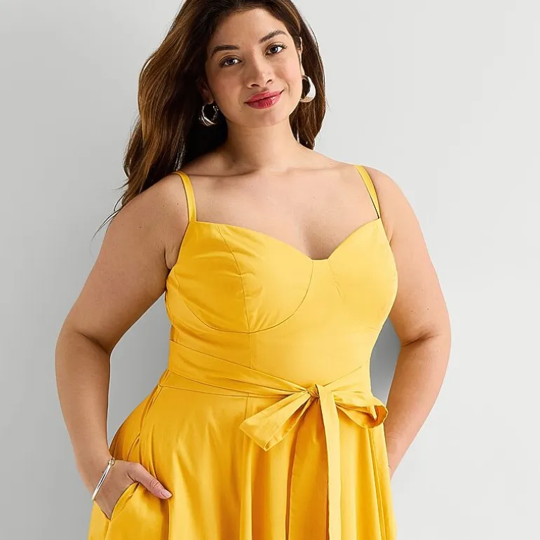 Premier Amour Womens Plus Midi V Neck Sleeveless Fit + Flare Dress