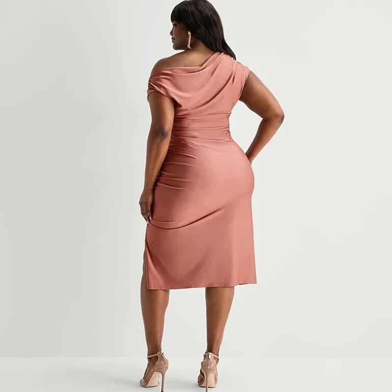 Premier Amour Womens Plus Midi Asymmetrical Neck Sleeveless Sheath Dress