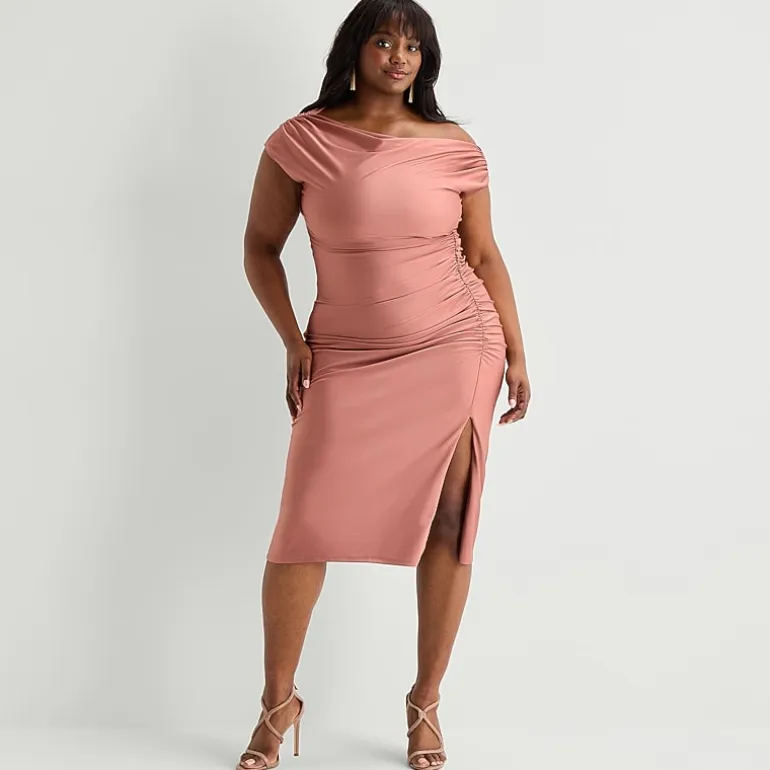 Premier Amour Womens Plus Midi Asymmetrical Neck Sleeveless Sheath Dress