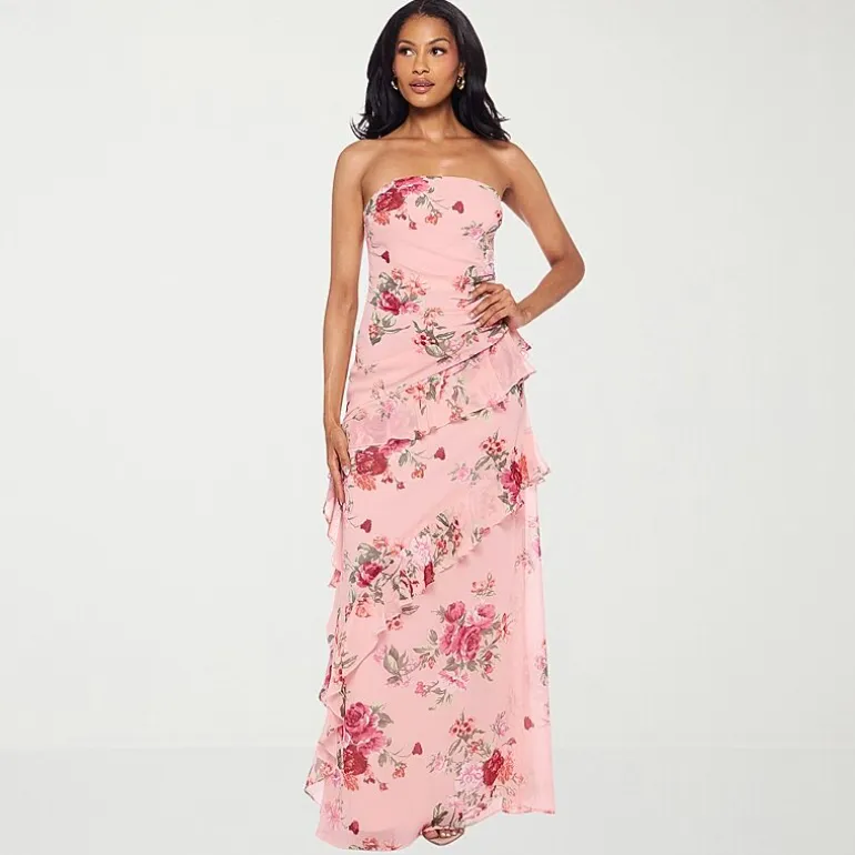Premier Amour Womens Strapless Floral Fitted Gown
