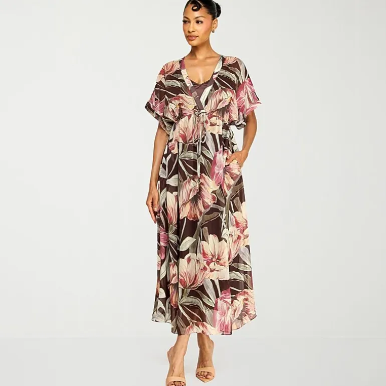 Premier Amour Womens V Neck Short Sleeve Kimono Maxi Dress