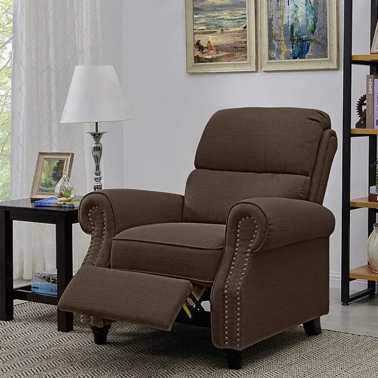 ProLounger Anna Traditional Roll-Arm Push Back Recliner in Linen with Nailheads