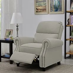 ProLounger Anna Traditional Roll-Arm Push Back Recliner in Linen with Nailheads