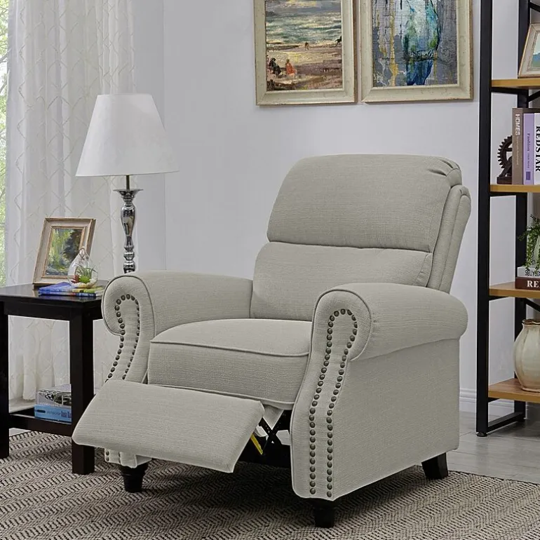 ProLounger Anna Traditional Roll-Arm Push Back Recliner in Linen with Nailheads