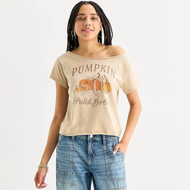Pumpkin Patch Girlie Off The Shoulder Womens Juniors Round Neck Short Sleeve Fitted Graphic T-Shirt