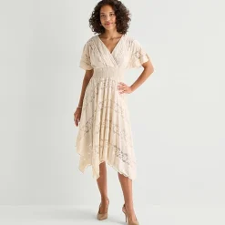 Rabbit Rabbit Rabbit Design Womens Midi V Neck Short Sleeve Flutter Fit + Flare Dress
