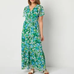 Rabbit Rabbit Rabbit Design Womens V Neck Short Sleeve Flutter Maxi Dress