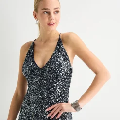 Radiante Couture Womens Juniors V Neck Short Sleeve Sequin Bodycon Dress