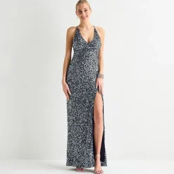 Radiante Couture Womens Juniors V Neck Short Sleeve Sequin Bodycon Dress