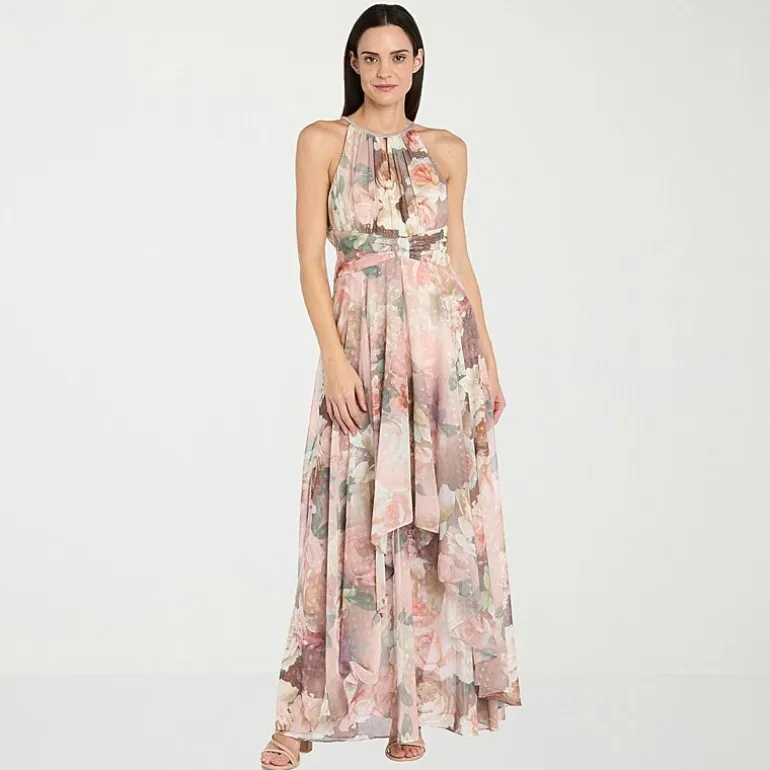 R & M Richards Womens Halter Neck Sleeveless Floral Evening Gown