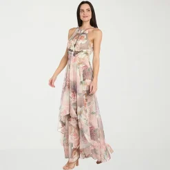 R & M Richards Womens Halter Neck Sleeveless Floral Evening Gown