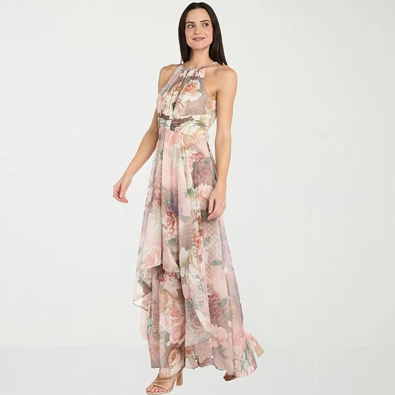 R & M Richards Womens Halter Neck Sleeveless Floral Evening Gown