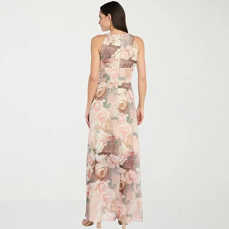 R & M Richards Womens Halter Neck Sleeveless Floral Evening Gown