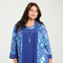 R & M Richards Womens Plus Floral Jacket Dress With Removable Necklace