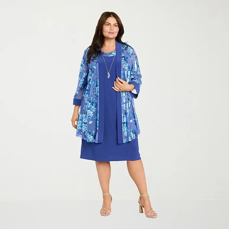 R & M Richards Womens Plus Floral Jacket Dress With Removable Necklace