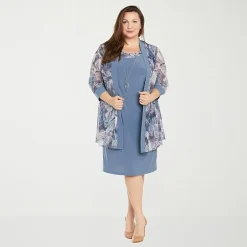 R & M Richards Womens Plus Leaf Jacket Dress With Removable Necklace