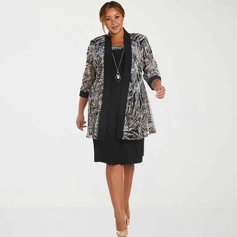 R & M Richards Womens Plus Leaf Jacket Dress With Removable Necklace