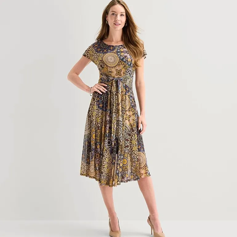 Robbie Bee Womens Midi Round Neck Short Sleeve Medallion Fit + Flare Dress