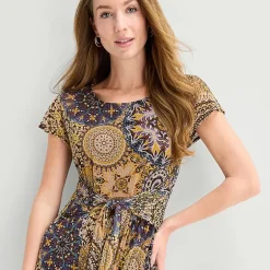 Robbie Bee Womens Midi Round Neck Short Sleeve Medallion Fit + Flare Dress