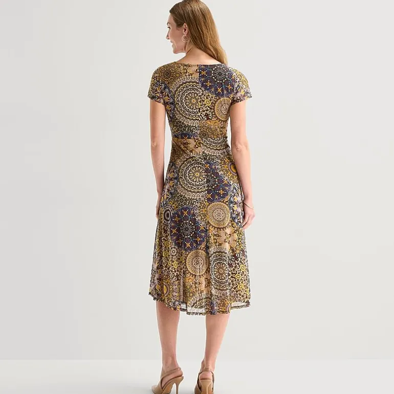 Robbie Bee Womens Midi Round Neck Short Sleeve Medallion Fit + Flare Dress