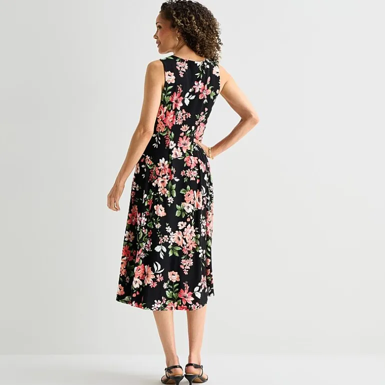 Robbie Bee Womens Petite Midi Cowl Neck Sleeveless Floral Fit + Flare Dress