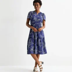 Robbie Bee Womens Petite Midi Split Crew Neck Short Sleeve Puffed Floral Fit + Flare Dress