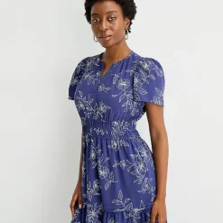 Robbie Bee Womens Petite Midi Split Crew Neck Short Sleeve Puffed Floral Fit + Flare Dress