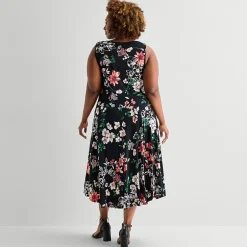 Robbie Bee Womens Plus Midi Crew Neck Sleeveless Floral Fit + Flare Dress