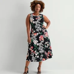 Robbie Bee Womens Plus Midi Crew Neck Sleeveless Floral Fit + Flare Dress