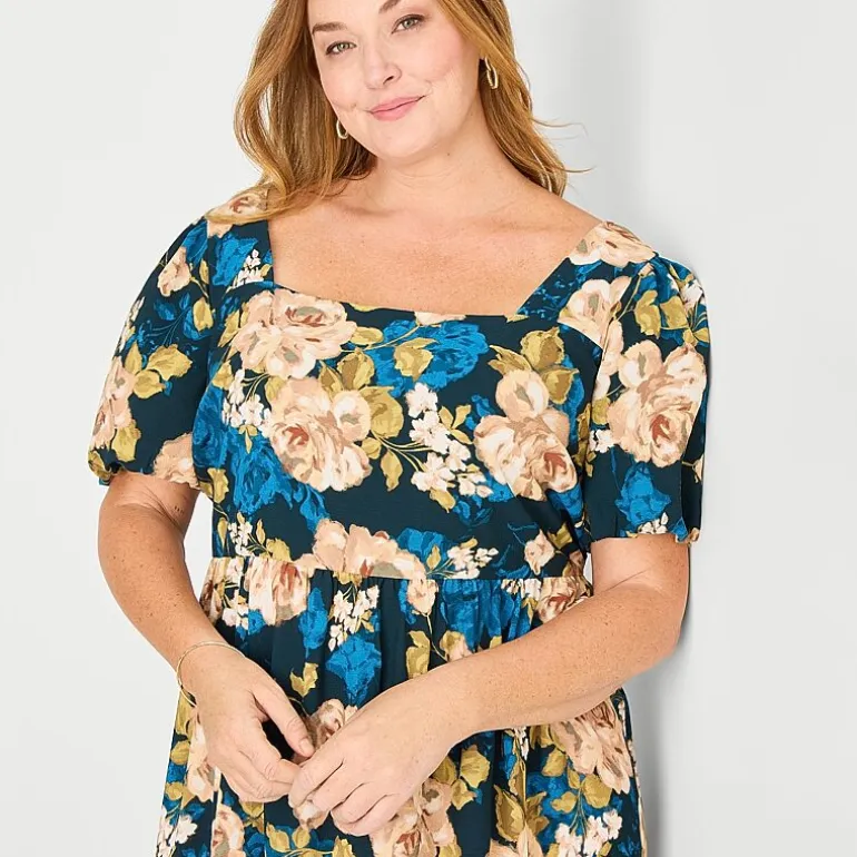Robbie Bee Womens Plus Midi Square Neck Short Sleeve Puffed Floral Fit + Flare Dress