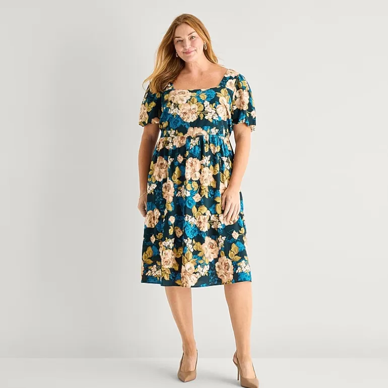 Robbie Bee Womens Plus Midi Square Neck Short Sleeve Puffed Floral Fit + Flare Dress
