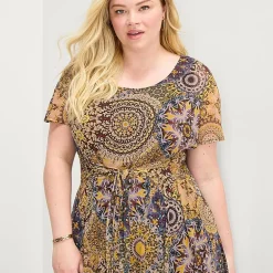 Robbie Bee Womens Plus Round Neck Sleeveless Dolman Medallion Fit + Flare Dress