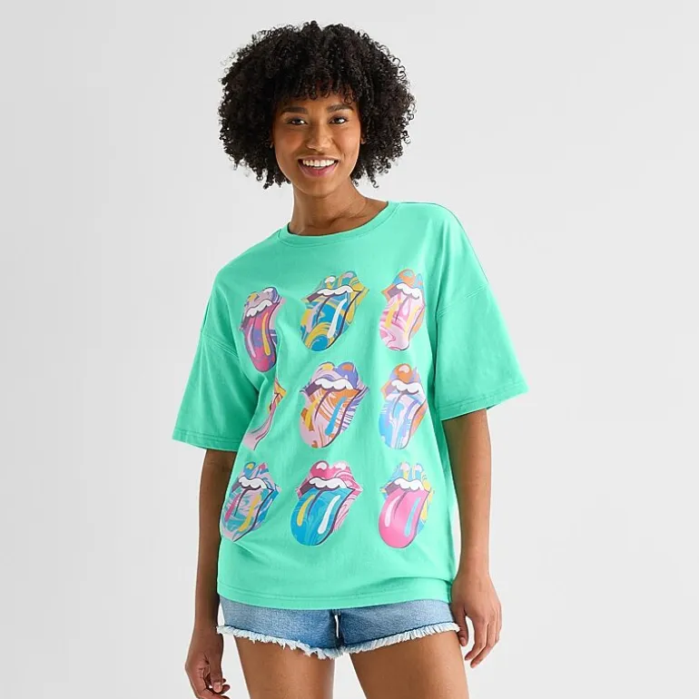 Rolling Stones Oversized Tee Womens Juniors Crew Neck Short Sleeve Regular Fit Graphic T-Shirt