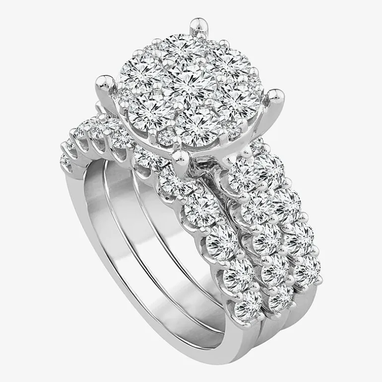 Round 4 CT.T.W. Natural Diamond Side Stone Bridal Set in 10K or 14K White Gold