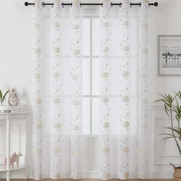 Runyan Embroidered Grommet Top Sheer Set of 2 Curtain Panel