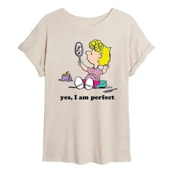 Sally Yes I'M Perfect Womens Juniors Crew Neck Short Sleeve Oversized Peanuts Graphic T-Shirt