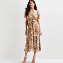 Sandra Darren Womens Midi Split Crew Neck Short Sleeve Puffed Floral Fit + Flare Dress