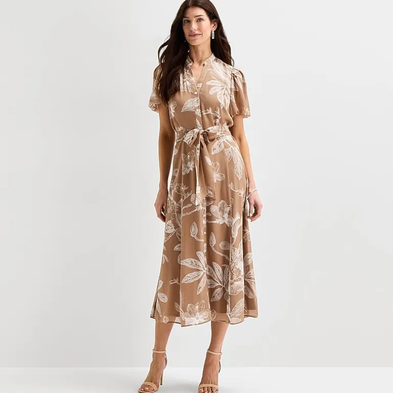Sandra Darren Womens Midi Split Crew Neck Short Sleeve Puffed Floral Fit + Flare Dress
