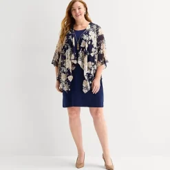 Sandra Darren Womens Plus Floral Faux-Jacket Dress With Removable Necklace