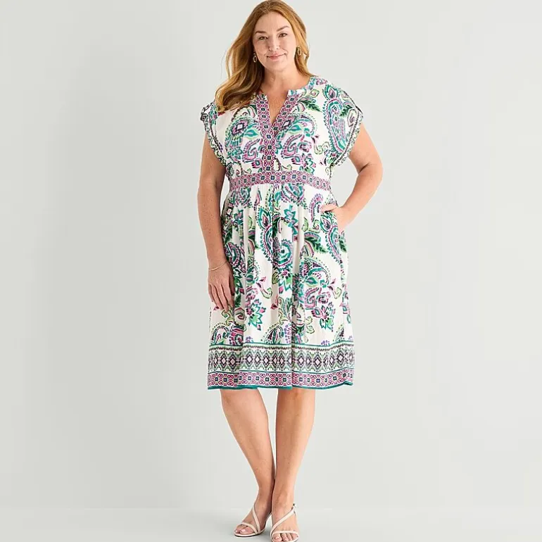 Sandra Darren Womens Plus Midi V Neck Sleeveless Cuffed Paisley Fit + Flare Dress