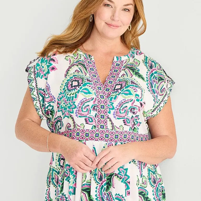 Sandra Darren Womens Plus Midi V Neck Sleeveless Cuffed Paisley Fit + Flare Dress