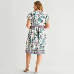 Sandra Darren Womens Plus Midi V Neck Sleeveless Cuffed Paisley Fit + Flare Dress