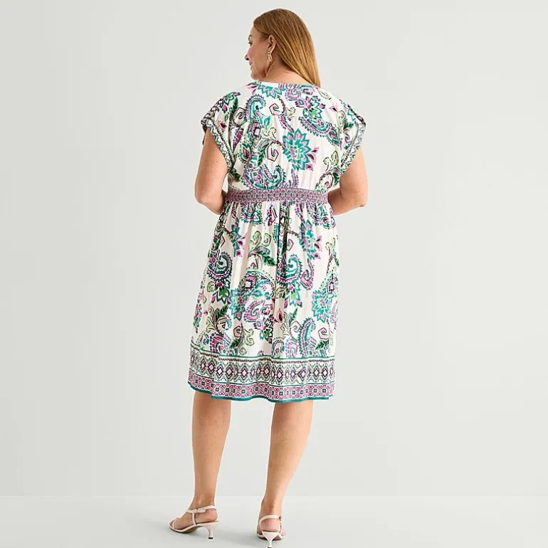 Sandra Darren Womens Plus Midi V Neck Sleeveless Cuffed Paisley Fit + Flare Dress