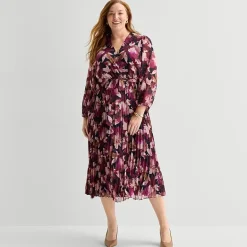 Sandra Darren Womens Plus Midi V Neck Long Sleeve Cap Floral Fit + Flare Dress