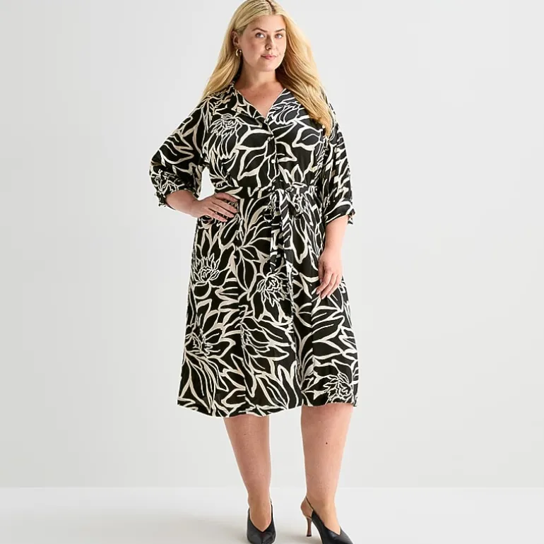 Sandra Darren Womens Plus Midi V Neck 3/4 Sleeve Cuffed Floral Fit + Flare Dress