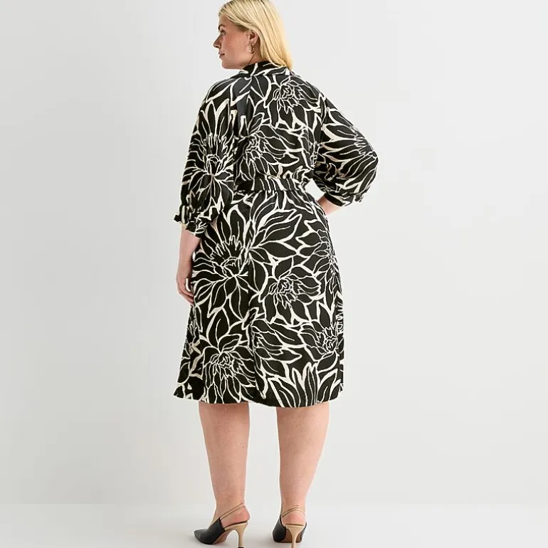 Sandra Darren Womens Plus Midi V Neck 3/4 Sleeve Cuffed Floral Fit + Flare Dress